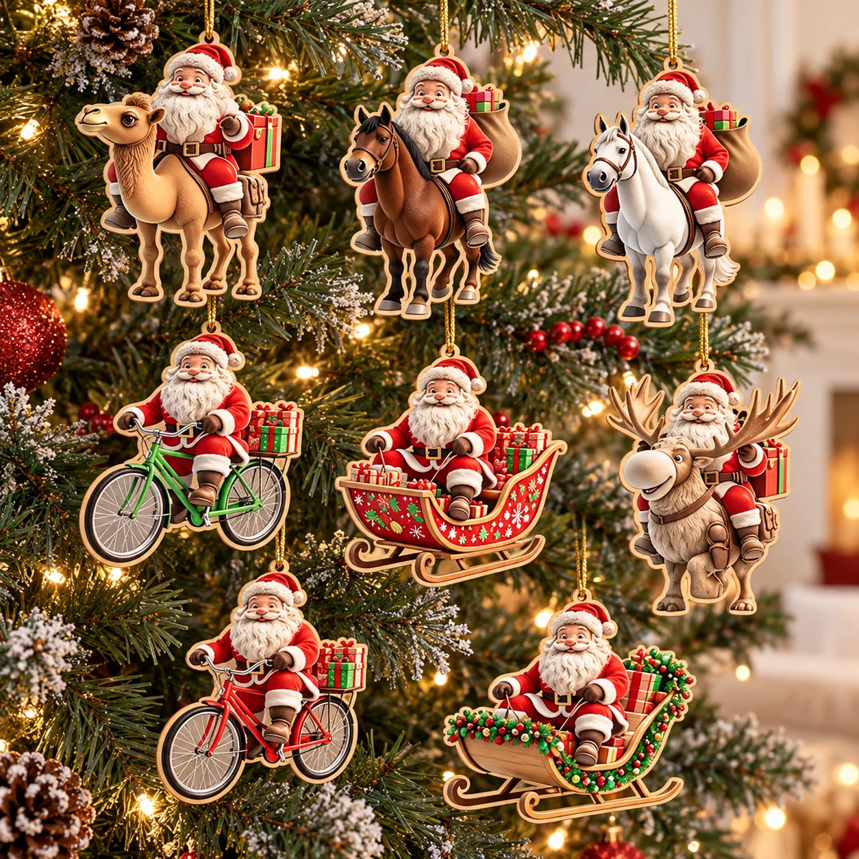 Santa Wooden Christmas Ornaments – 8-Piece Vehicle Set - Image 2