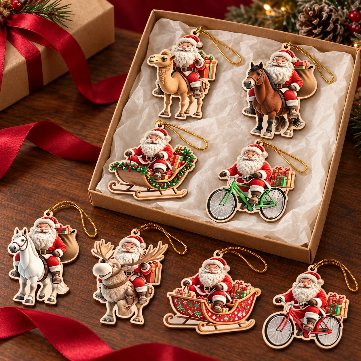 Santa Wooden Christmas Ornaments – 8-Piece Vehicle Set - Image 4